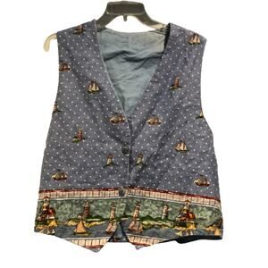 EUC 1990's Blue‎ Cotton Vest Sail Boats Summer New England Vintage Cottage Core